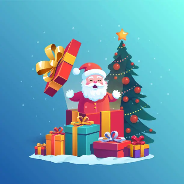 Vector illustration of Cute joyful Santa Claus with gifts near the Christmas tree