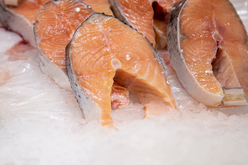 Salmon steak.Sale of fish in the store.