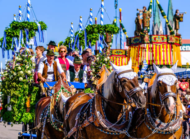 Munich, Germany - September 16: Typical horse-drawn carriage as the innkeepers move in for the opening of the Oktoberfest in Munich on September 16, 2023