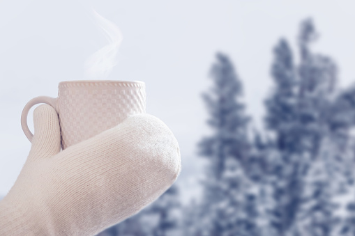 Mittened hands hold a white mug with a warm drink against the background of a snow-covered forest.