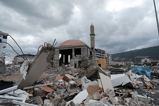The photo was taken in Hatay province on 03/10/2023 after the earthquake. This mosque, whose construction was unfinished in Islahiye district, was not destroyed in the earthquake.
