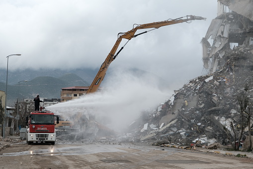 The photo was taken in Hatay province on 03/10/2023 after the earthquake.  In Islahiye district, building demolitions are carried out together with the Fire Department.