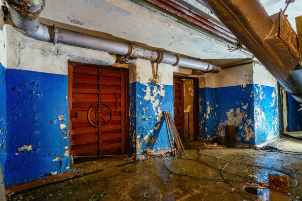 istock Bomb shelter protective construction of civil defense. Large armored blast proof doors with valve 1689107926