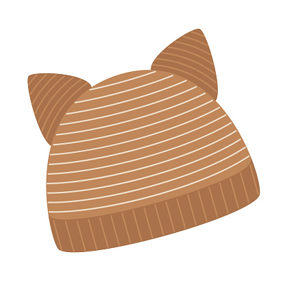 Hat with ears for autumn or winter. Warm hat with stripes for cold weather. Isolated on a white background. Vector illustration.