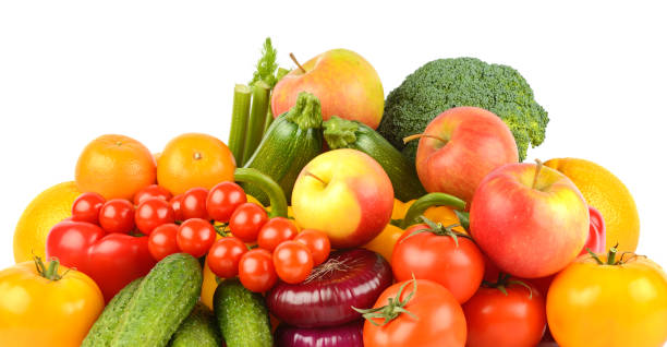 istock Healthy fruits and vegetables isolated on white 1689116676