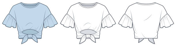 Knot T-Shirt fashion flat tehnical drawing template. Cropped Shirt technical fashion illustration, frill sleeve, round neck, cutout, front, back view, white, blue color, women CAD mockup set. Knot T-Shirt fashion flat tehnical drawing template. Cropped Shirt technical fashion illustration, frill sleeve, round neck, cutout, front, back view, white, blue color, women CAD mockup set. tehnical stock illustrations