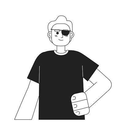 Dark haired man with blindfold on eye monochromatic flat vector character. Editable thin line half body self-assured man with disability on white. Simple bw cartoon spot image for web graphic design