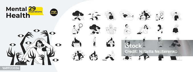 istock Mental health and psychology bw concept vector spot illustrations bundle 1689123336
