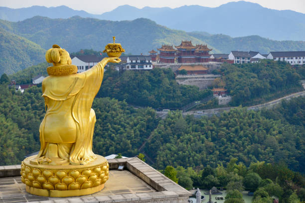The Daxiangling-Tusita Scenic Area (大香林·兜率天景区) is located in the western end of Huiji Mountain (会稽山) in Keqiao District (柯桥区), Shaoxing City (绍兴市) and covers about 4 square km. It is divided into three realms: Daxiangling, Longhua Temple, and Tusita, also known as the Heavenly Palace. The cylindrical part in the middle of Tusita is the Heavenly Courtyard (or inner courtyard) which enshrines the world's largest indoor seated Buddha, the 33-meter-high Maitreya statue.