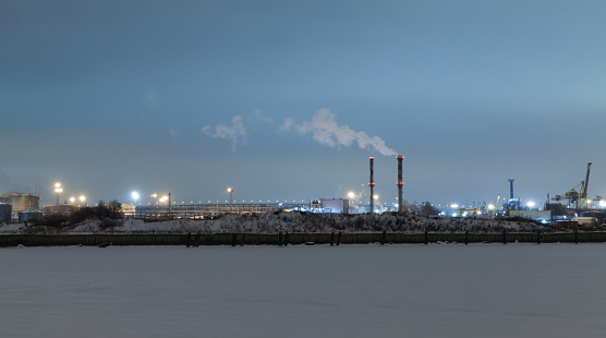 Saint-Petersburg industrial port view, panoramic photo taken on a winter night