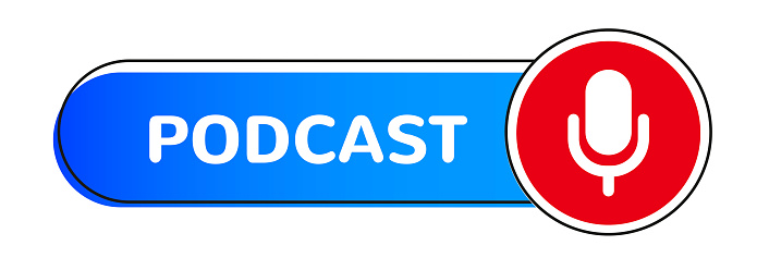 Podcast emblem with microphone isolated on background for promo, social media marketing, information share reference advice or suggestion, media post, app network. Vector 10 eps