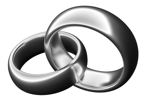 Illustration of two wedding silver rings isolated on white. Unity and love concepts