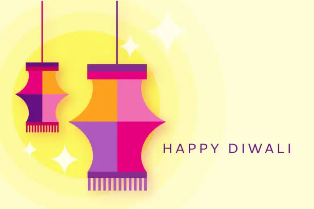 Vector illustration of Happy Diwali abstract geometric mosaic greeting card flat design template with festive kandeel