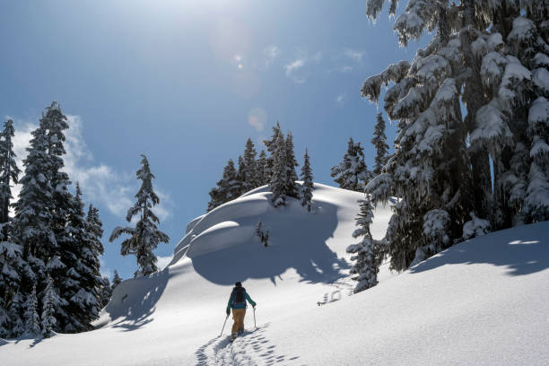 Cheerful and happy man in warm blue jacket, ski mask and helmet looking away, spending extreme weekend in winter season in mountains. Portrait of sporty guy.