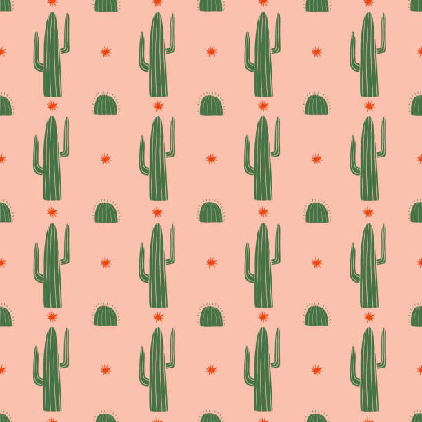 ilustraciones, imágenes clip art, dibujos animados e iconos de stock de patrón sin costuras al estilo del salvaje oeste. fondo con cactus y estrella. boho. occidental. - abstract backgrounds botany cactus