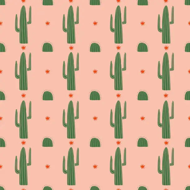 Vector illustration of Seamless pattern in wild west style. Background with cactus and star. Boho. Western.