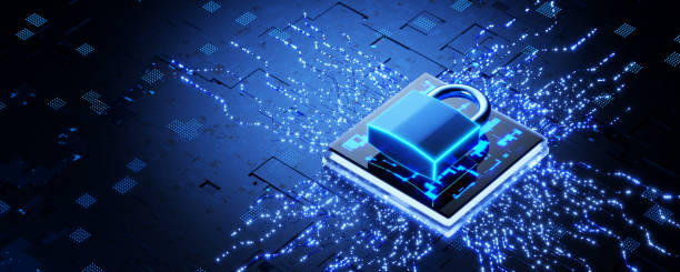 Microchip cryptography. Protect your data. Cyber security. CPU critical protection. Data protection concept. Protection of personal information. Internet for business. 3D rendering stock photo