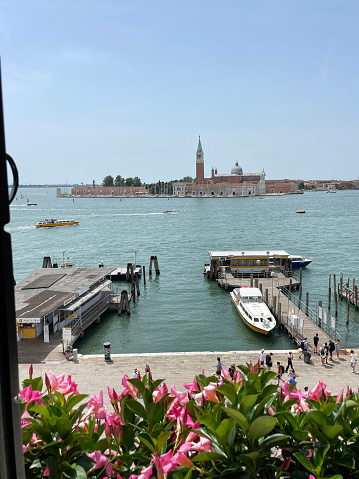 Venice, Italy - July 12, 2023: Stock photo showing close-up view from window box planted with pink flowering rocktrumpet (Mandevilla) plants, also known as Chilean Jasmine, overlooking people on the Riva degli Schiavoni ready to board moored boats at Venice lagoon waterfront wooden jetties with a background view of San Giorgio Maggiore, Venice, Italy.