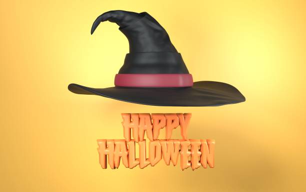 Witch hat is flying on top of the happy Halloween text, yellow background.