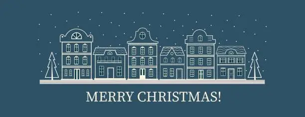 Vector illustration of Christmas street white houses