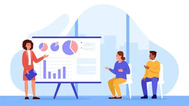 Vector illustration of Vector illustration of business presentation. Cartoon scene of a business presentation in the office with a woman standing near a board with charts, graphs and a woman and a man sitting, discussing.