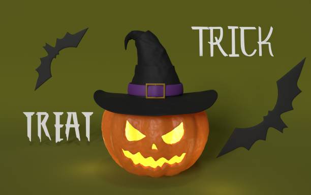 Bats flying around Jack O’ Lanterns Halloween Pumpkin Head on the green background between trick and treat Texts. Halloween scene in a mystical cemetery.