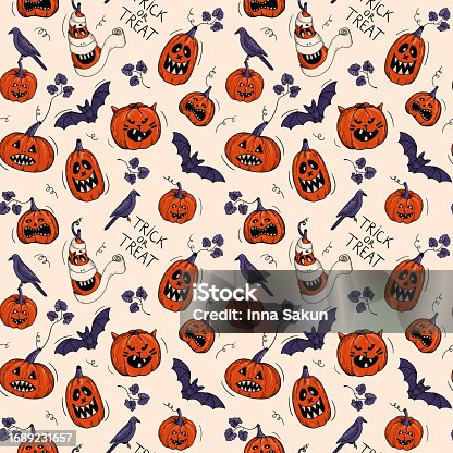 istock Seamless Halloween pattern with pampkins, bats, raven 1689231657