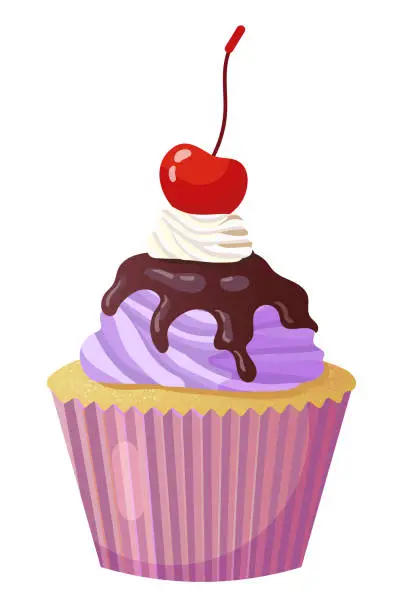 Vector illustration of Muffin, cupcake with cream, chocolate and cherry. Sweet food. Realistic vector
