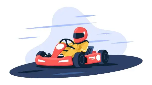Vector illustration of Vector illustration with a boy racer isolated on white background. Cartoon scene with a karting athlete in a helmet, suit and gloves driving a racing car. Karting competition. Motor sports.