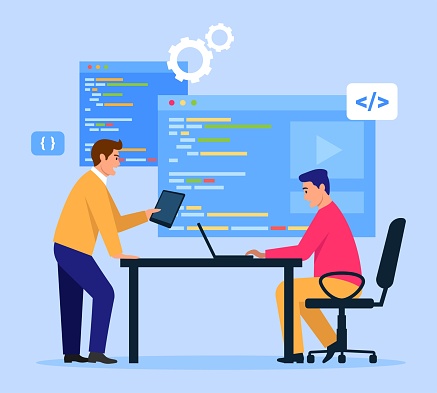 Vector Illustration Of Programmers Discussing The Creation Of A Program ...