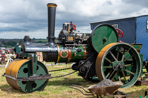 Low Ham.Somerset.United Kingdom.July 23rd 2023.A restored wallis and Steevens road roller from 1925 called Old Ken is on show at the Somerset steam and country show