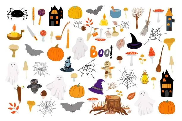 Vector illustration of Halloween elements set, cartoon doodle autumn holiday celebration decor, cute spooky boo simple character vector illustrations, trendy holiday symbols bat, ghost, voodoo, haunted, spider web, pumpkin