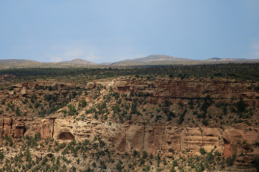 Color landscape photograph of a broad view of the sides of the cliffs with cliff dwelling ruins from the Pueblo people within Mesa Verde National Park, Colorado.