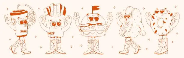 Vector illustration of Retro groovy fast food characters set. Trendy cartoon style 60s - 70s. Hamburger, french fries, donut, hot dog, and soda dressed in cool cowboy boots. Vector illustration in monochrome red palette.