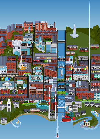 An illustrated map of Dublin featuring its most important tourist attractions, such as Christ Church, Dublin Castle, government buildings, Merrion Square, and Saint Stephen's Green, along with the famous and traditional brewery, Temple Bar region, Phoenix Park, the stadium, the chimneys on the docks, the River Liffey, and its bridges.