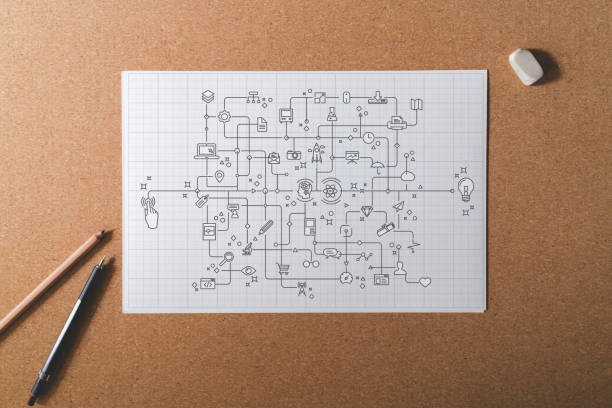 Drawing of a creative process on a white blueprint grid paper with crayons on a cork bulletin board.