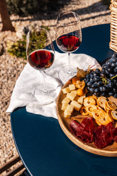 Red wine tasting picnic with snacks charcuterie and cheese at vineyard grapevine plants on sunny day stock photo