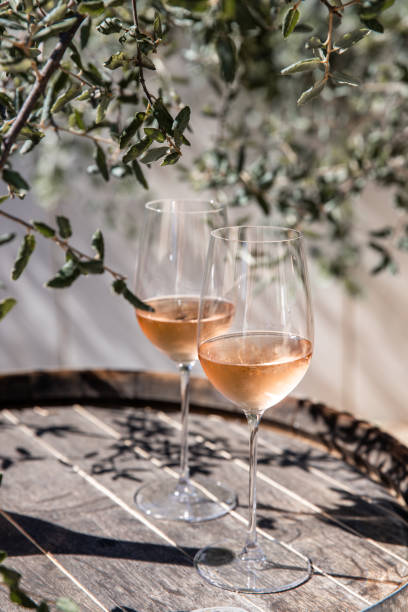 dégustation de vin avec deux verres à vin rosé debout sur un tonneau de bois au vignoble méditerranéen - concepts wine wood alcohol photos et images de collection