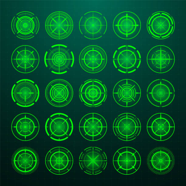 ilustrações de stock, clip art, desenhos animados e ícones de crosshair, gun sight vector icons. bullseye, black target or aim symbol. military rifle scope, shooting mark sign. targeting, aiming for a shot. archery, hunting and sports shooting. game ui element. - rifle hunting gun rifle sight