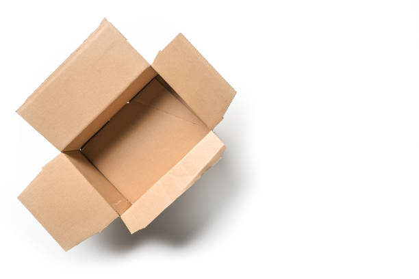 istock Open empty cardbord box package for delivering and transport on a white background, high angel view from above, copy space 1689312661