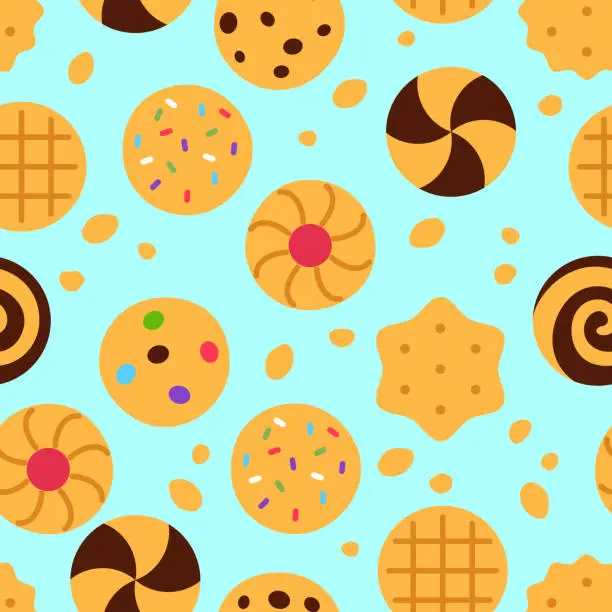 Vector illustration of Cookies seamless pattern on blue background. Snack food repeat tile design. Tasty baked assorted biscuits with crumb wallpaper. Traditional crispy treat. Wrapping paper creative vector illustration.