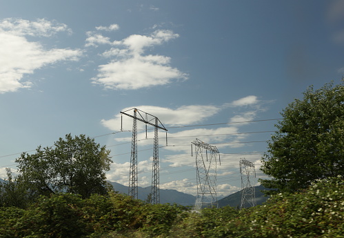 Transmission towers stand in Chilliwack, British Columbia.