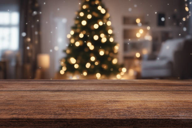 istock Beautiful natural wooden table with christmas background 1689402836