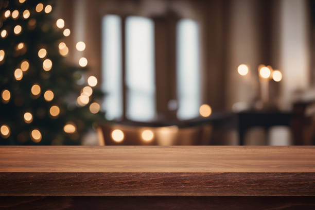 istock Beautiful natural wooden table with christmas background 1689403361