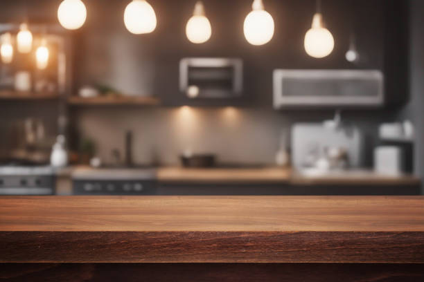 istock Beautiful natural wooden table with kitchen background 1689408637