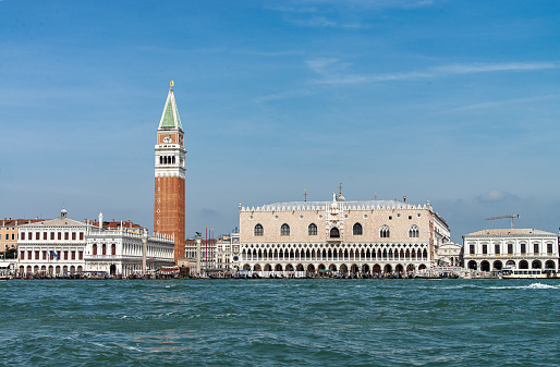 View of DogeÂ´s Palace, Campanile and coastline from the Grand Canal at Venice, Italy.