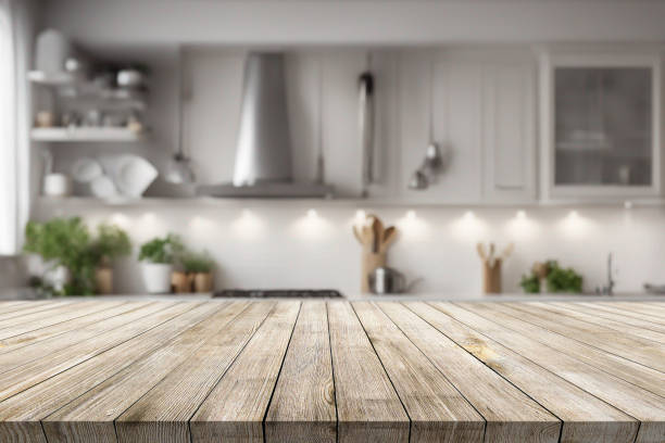 istock Beautiful natural wooden table with kitchen background 1689416966