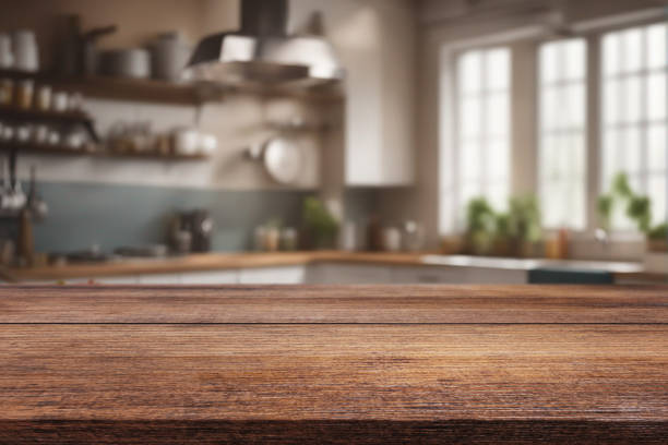 istock Beautiful natural wooden table with kitchen background 1689417496