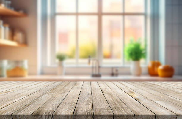 istock Beautiful natural wooden table with kitchen background 1689419033