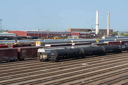 Branches of the railway at the marshalling yard, a lot of freight wagons from the height in the netherlands